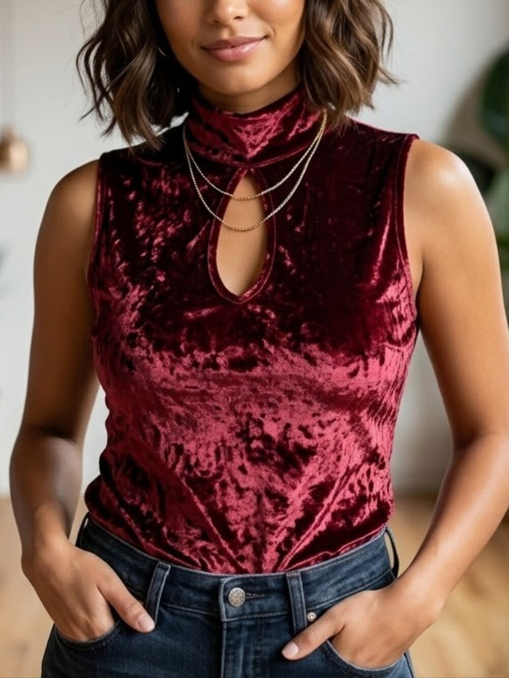 Moda International Crushed Velvet Keyhole Top M Red Mock Neck 90s Goth Vampy